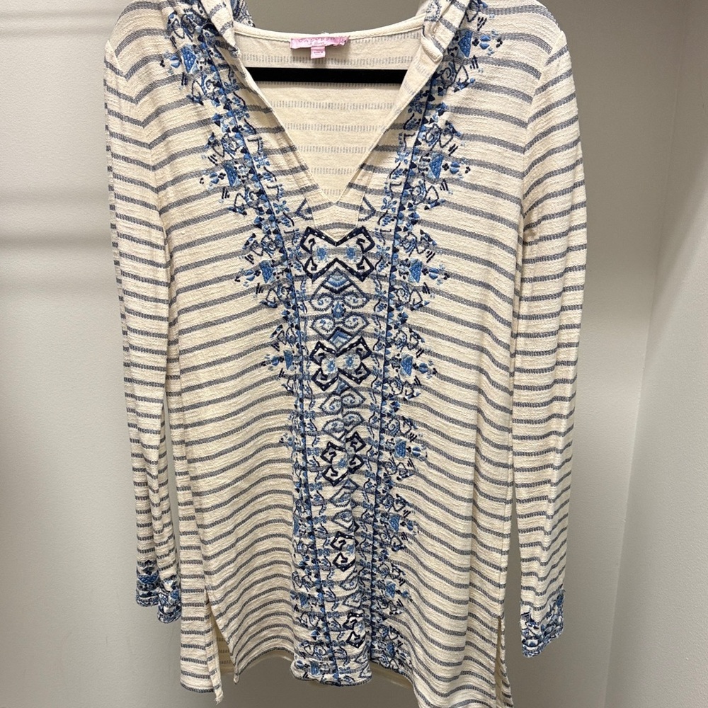 Calypso St. Barth Blue and Cream Striped Tunic with Hood